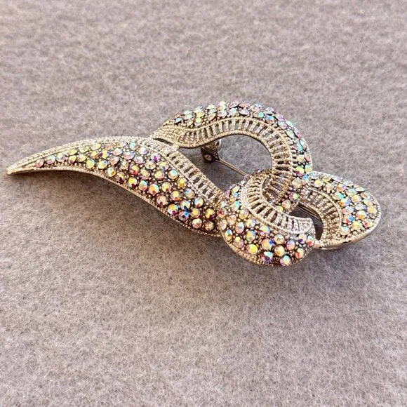Brooch Ribbon Aurora Borealis Rhinestones Silver Tone Heavy Bling Sparkle - Picture 5 of 7